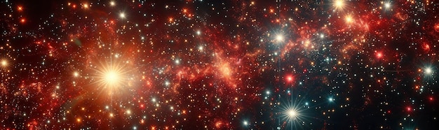 Un vasto campo di diverse stelle in tonalità rosso scuro e ciano scuro con superfici rifrattive