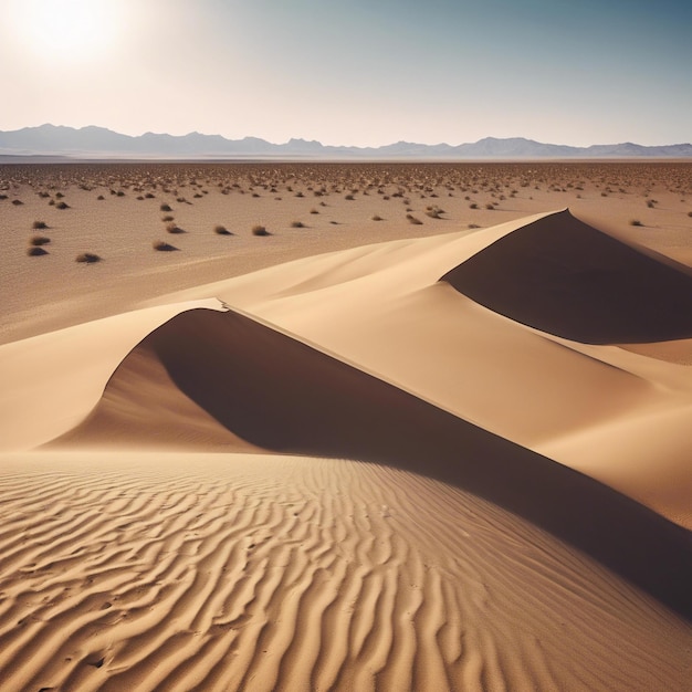 Un vasto deserto con dune di sabbia e un'oasi solitaria in lontananza sole caldo e cielo blu limpido pacifico