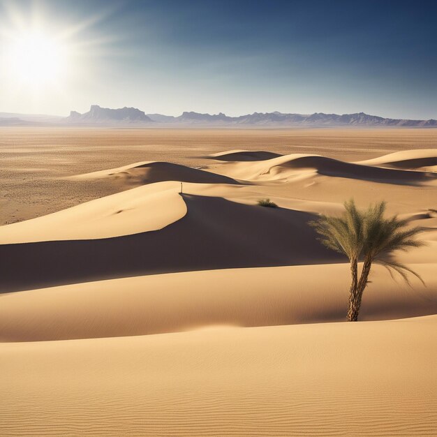 Un vasto deserto con dune di sabbia e un'oasi solitaria in lontananza sole caldo e cielo blu limpido pacifico