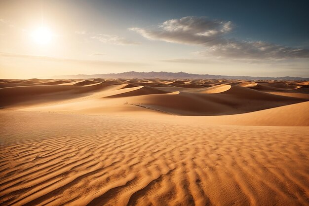 Un vasto deserto spazzato dal vento con dune di sabbia mutevoli e un sole ardente sopra la testa catturato in modo iperreale