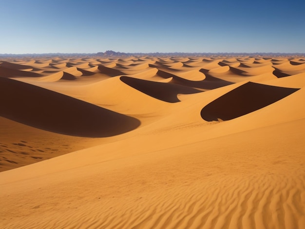 Un vasto paesaggio desertico ultraterreno con imponenti dune di sabbia che si estendono a perdita d'occhio