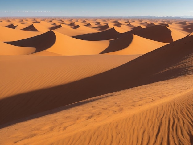 Un vasto paesaggio desertico ultraterreno con imponenti dune di sabbia che si estendono a perdita d'occhio