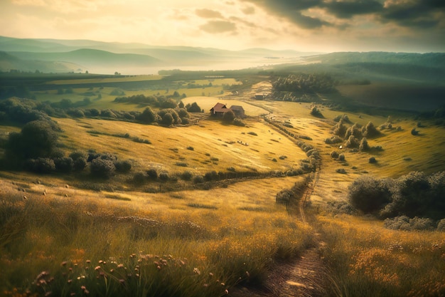 Un vasto paesaggio di campagna di dolci colline con campi dorati di grano e fiori di campo che si estendono fino all'orizzonte