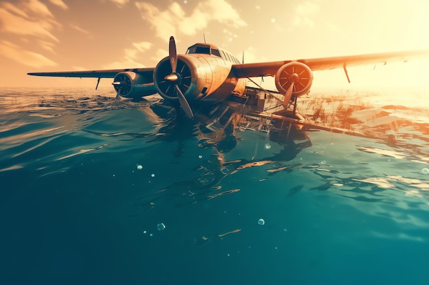 Un vecchio aereo sta galleggiando nell'oceano