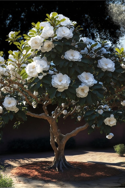 Un vecchio albero nel cortile è pieno di fiori bianchi grandi e piccoli Generative Ai