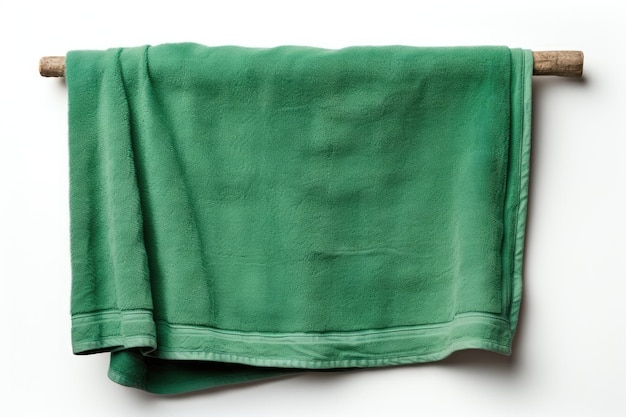 Un vecchio asciugamano verde è raffigurato da solo su uno sfondo bianco