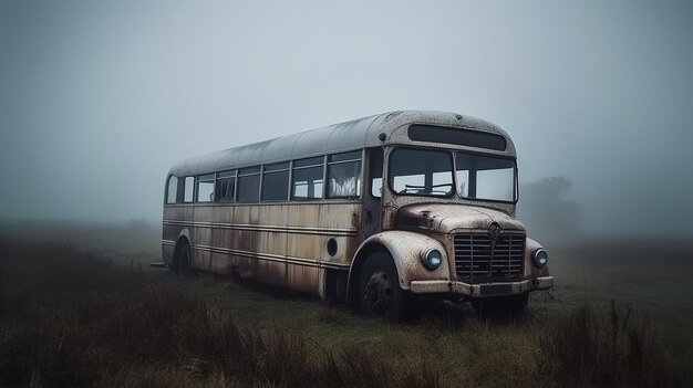 Un vecchio autobus arrugginito e abbandonato si trova da solo in un campo in una giornata nebbiosa generata da ai