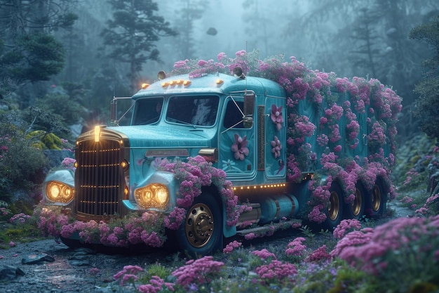 Un vecchio camion in un letto di fiori Decorazione