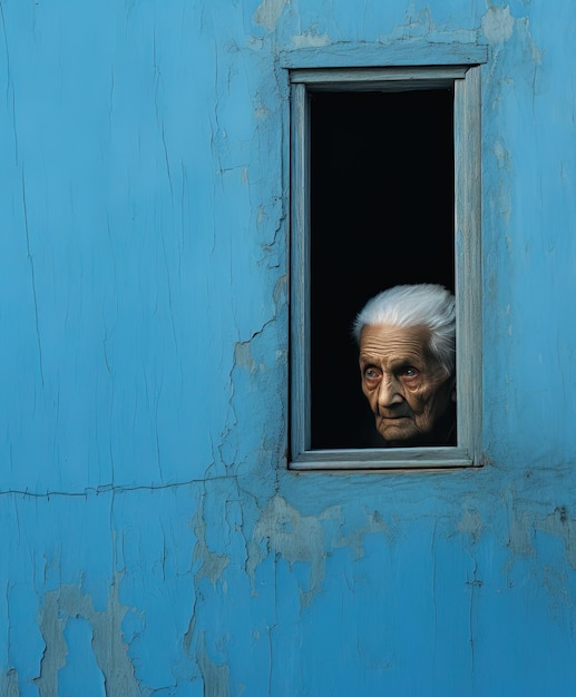 un vecchio che guarda fuori da una finestra con una parete blu e una finestre con una faccia su di essa