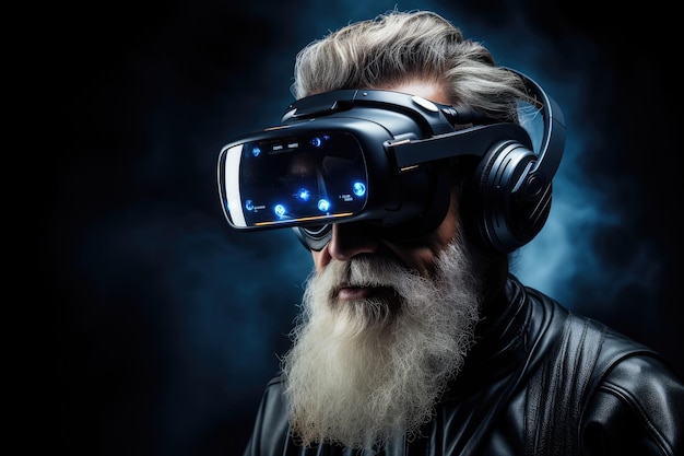 Un vecchio che indossa un auricolare VR utilizza un mondo surreale e una realtà virtuale campi di fiori colorati AI generativa