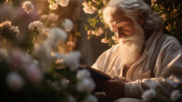Un vecchio che legge un libro seduto tra i fiori fiorisce AI generativa