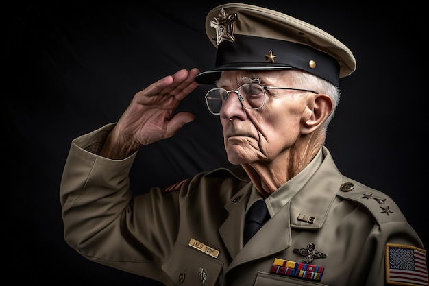 Un vecchio che saluta in uniforme militare