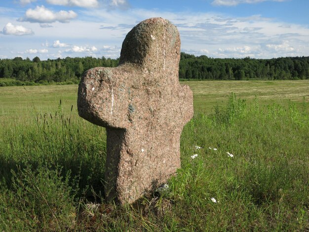 Un vecchio cimitero pagano in Bielorussia Croce rosa di pietra fatta di granito simile all'uomo