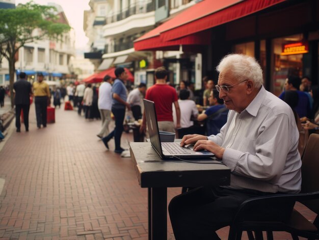 Un vecchio colombiano che lavora su un computer portatile in un vivace ambiente urbano