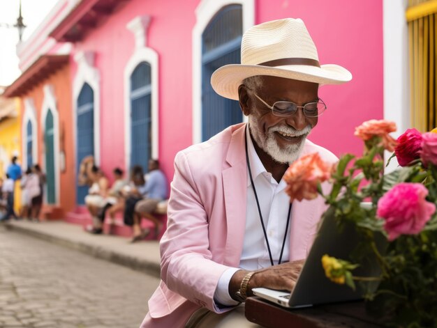 Un vecchio colombiano che lavora su un computer portatile in un vivace ambiente urbano