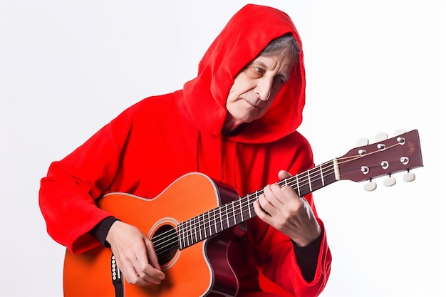 Un vecchio con una felpa con cappuccio rossa suona una chitarra su sfondo bianco