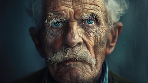 Un vecchio con una lunga barba bianca e occhi blu guarda fuori dall'oscurità