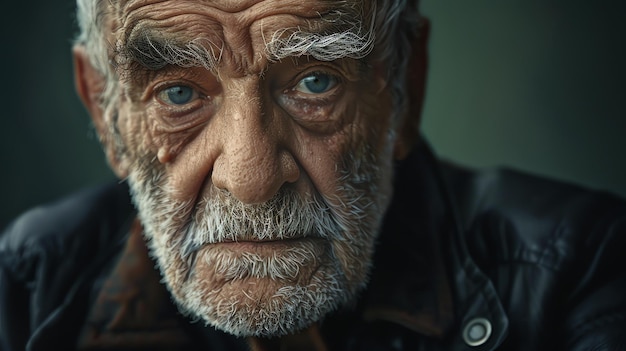 Un vecchio con una lunga barba bianca e occhi blu guarda fuori dalle ombre