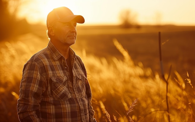 Un vecchio contadino con una vita di esperienza si erge orgoglioso nella luce dorata dei suoi campi fiorenti