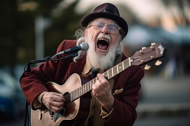 un vecchio divertente e ridicolo che suona la chitarra e canta