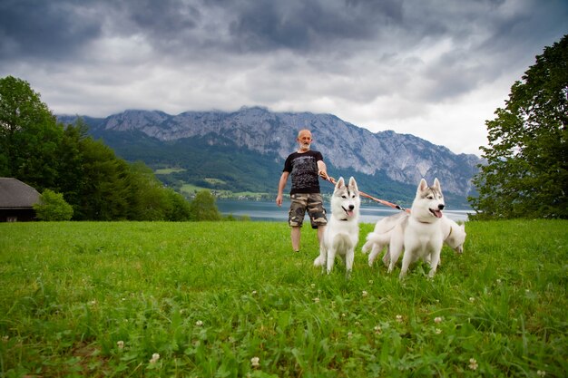 Un vecchio e cani da slitta camminano vicino al lago. Paesaggio alpino. Pensionato attivo per il tempo libero. Un uomo anziano sta sorridendo. Cammina con Siberian Husky.