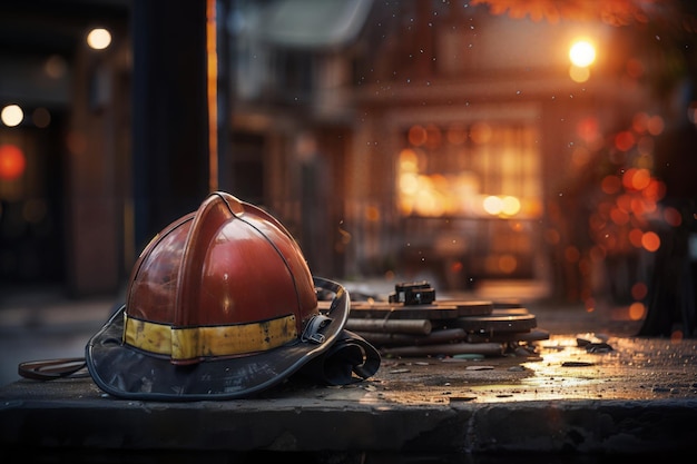 Un vecchio e squallido casco di soccorso giace sullo sfondo di un edificio in fiamme