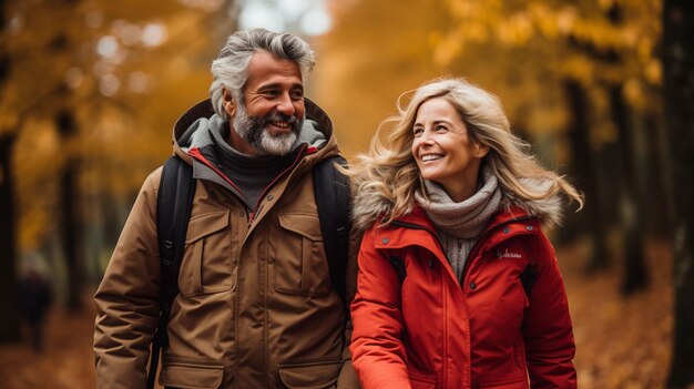 Un vecchio e una donna che camminano insieme attraverso una lussureggiante foresta autunnale piena di alberi e vegetazione gialla