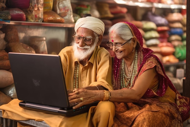 Un vecchio e una donna che usano insieme un computer portatile