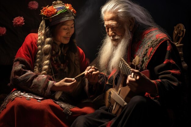 Un vecchio e una giovane donna suonano uno strumento musicale