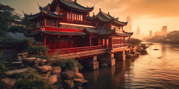 Un vecchio edificio cinese con vista sul fiume