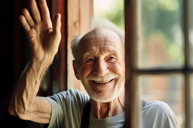 un vecchio felice e sorridente che agita la mano