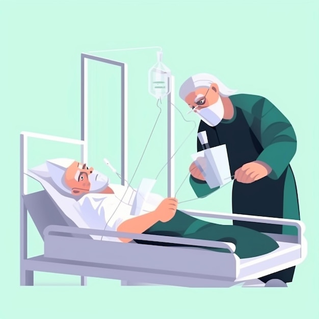 Un vecchio giace in un letto d'ospedale e un dottore è con lui.