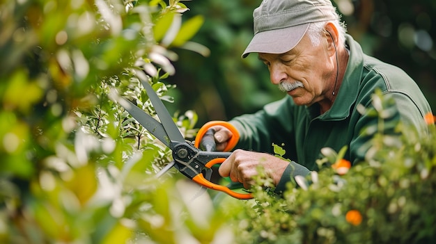 Un vecchio giardiniere taglia i cespugli con le forbici da giardino