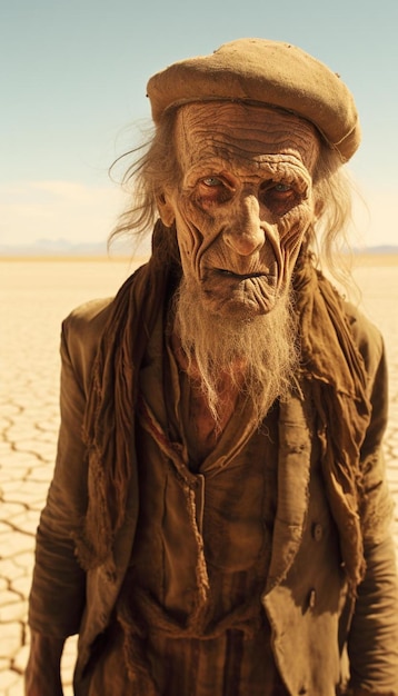 un vecchio in un deserto con la barba lunga e i capelli lunghi.