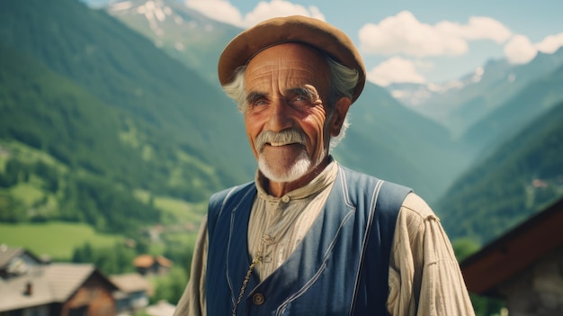 Un vecchio in un villaggio con una vista lussureggiante sulle montagne