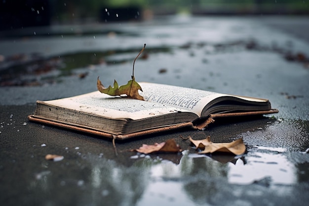 Un vecchio libro giace a terra sotto la pioggia.