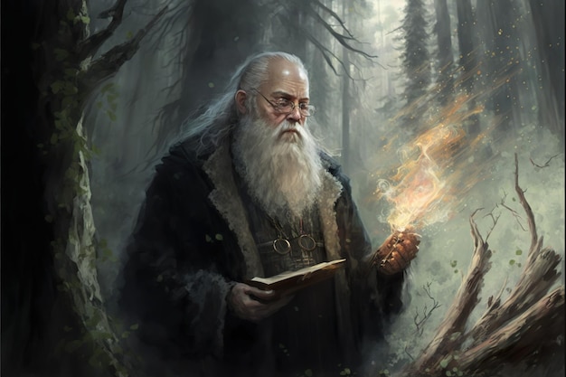 Un vecchio mago che lancia un incantesimo nella foresta mistica