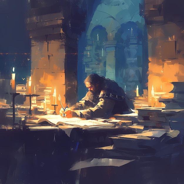 Un vecchio mago saggio che studia antichi tomi nella sua biblioteca magica.