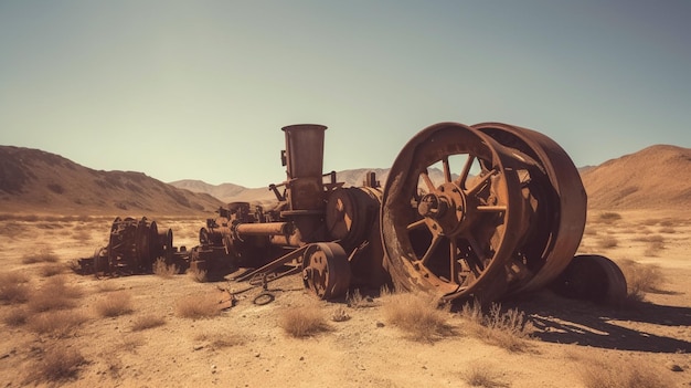 Un vecchio motore a vapore arrugginito si trova in un deserto.