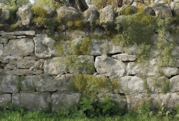 un vecchio muro di pietra con muschio verde che lo ricopre