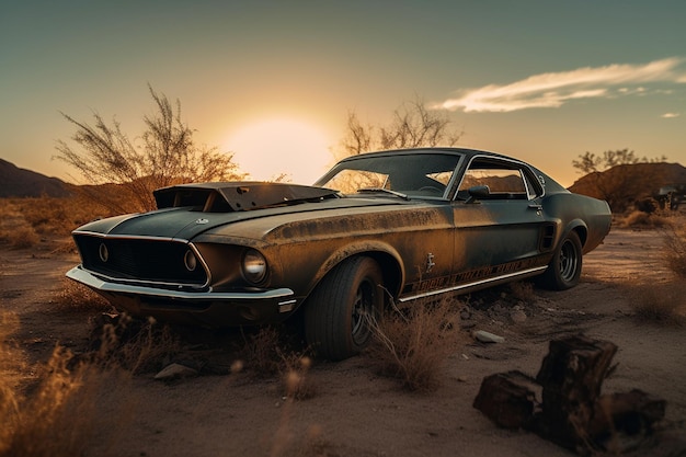 Un vecchio mustang guado arrugginito si trova nel deserto al tramonto.