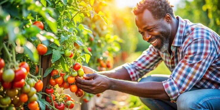 Un vecchio nero che raccoglie pomodori di ciliegio maturi in un frutteto soleggiato