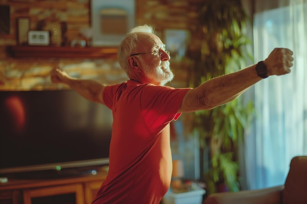 Un vecchio orgoglioso con una maglietta gialla sta facendo ginnastica a casa sua davanti alla TV.