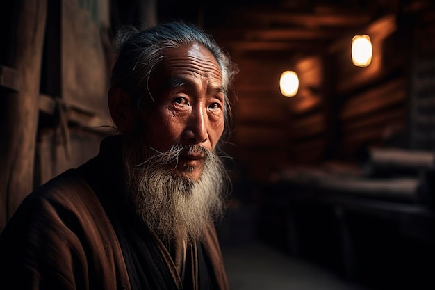 Un vecchio paesano cinese saggio e barbuto con uno sguardo generativo ai