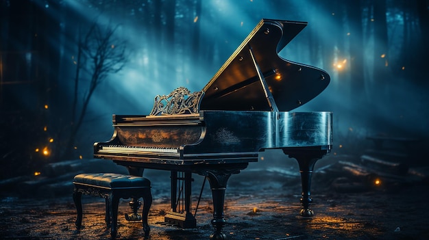 Un vecchio pianoforte a coda nel mezzo di una stanza buia e buia con i raggi di Dio che lo illuminano generato dall'AI