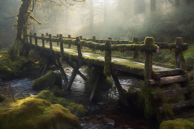 Un vecchio ponte di legno ricoperto di muschio