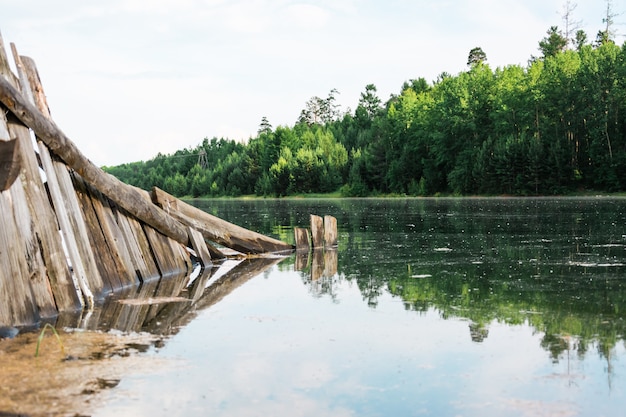 Un vecchio recinto di legno rotto è allagato da un'alluvione sulla riva del fiume. Disastro naturale e distruzione. Bel paesaggio.