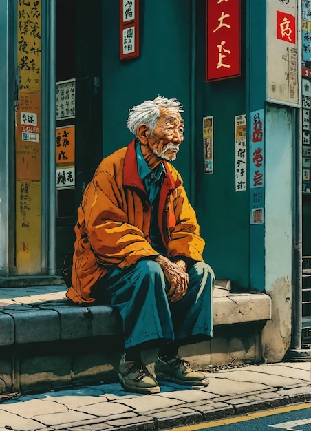 Un vecchio seduto sul marciapiede a Tokyo illustrazione di Herg colorazione perfetta 8K