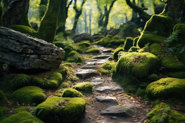 Un vecchio sentiero in pietra coperto di muschio in una foresta Atmosfera mistica Illustrazione AI generativa