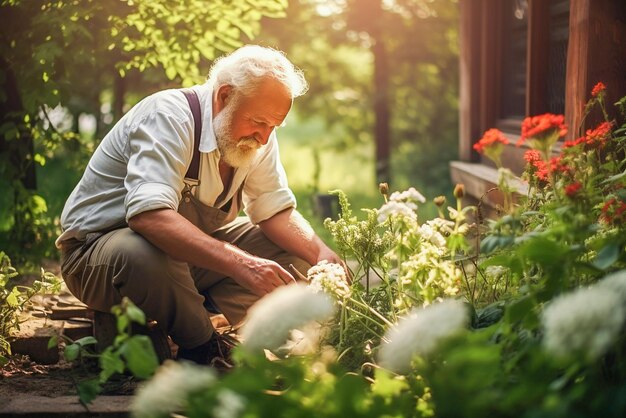 Un vecchio si prende cura delle piante e raccoglie le erbacce nel suo giardino vicino a casa sua